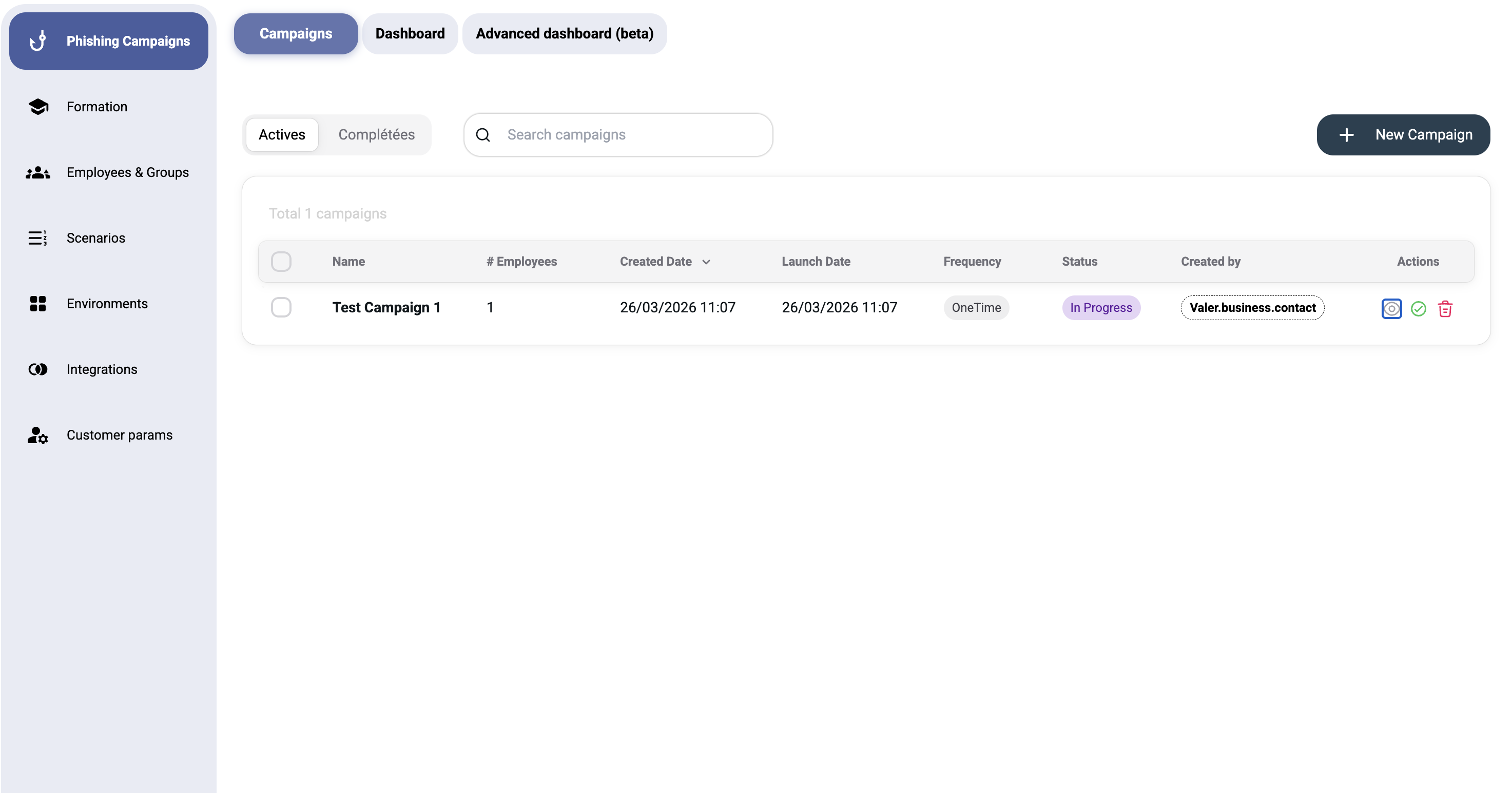 Campaigns list view with Active/Completed tabs and New Campaign button