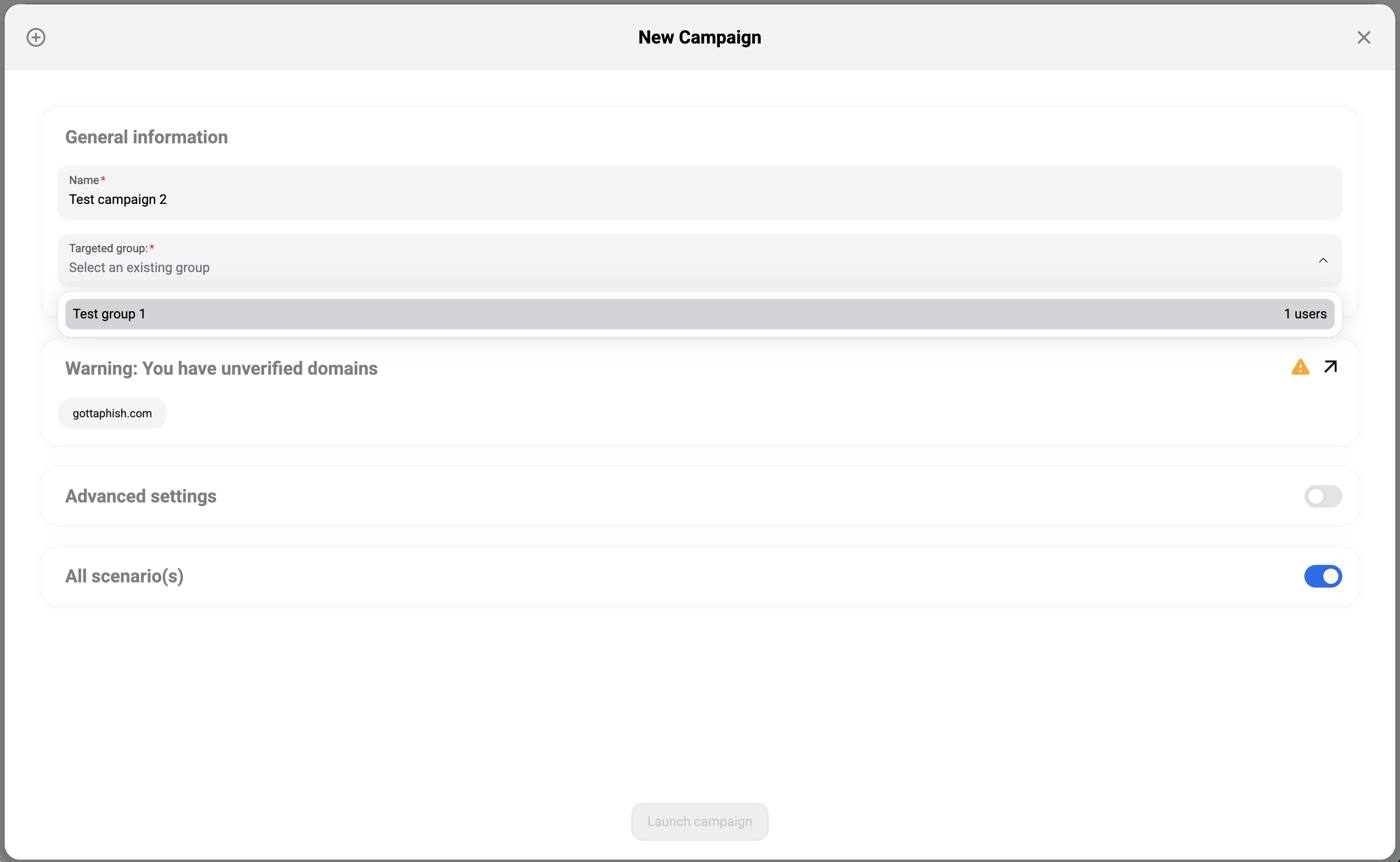 New Campaign creation dialog with name, group selection, and scenario settings